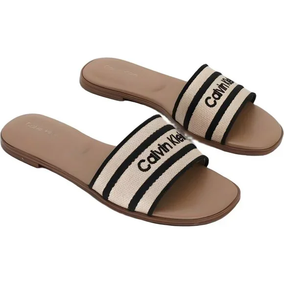 Calvin Klein Kendell Logo Slide Sandals Natural/Black Women US 6M - Picture 4 of 6